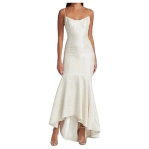 Monique L'huillier Hi/Low Gown with Faux Pearls Straps White Jacquard Size 8